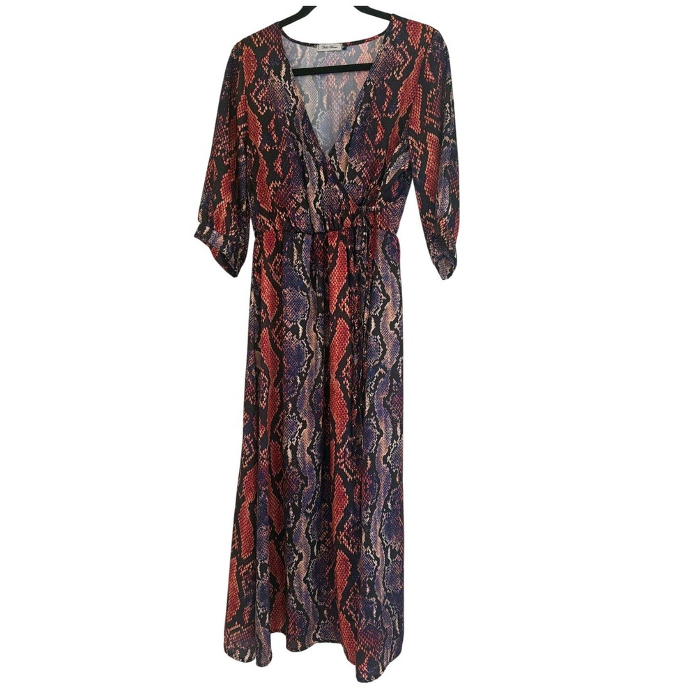 Talia Benson Red‎ Blue Snakeskin Print Wrap Maxi Dress Made in Italy Size M